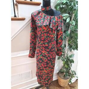 Sheln Women Black Floral Polyester Halter Neck Long Sleeve Knee Length Dress M